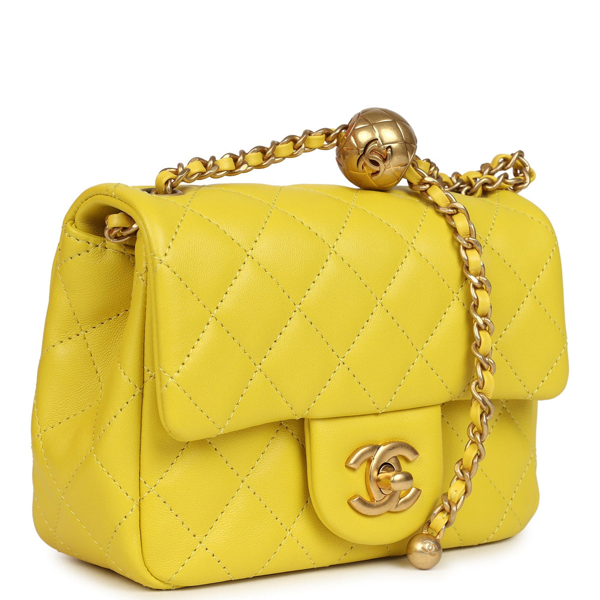 Chanel Mini Pearl Crush Square Flap Bag Yellow Lambskin Brushed Gold Hardware