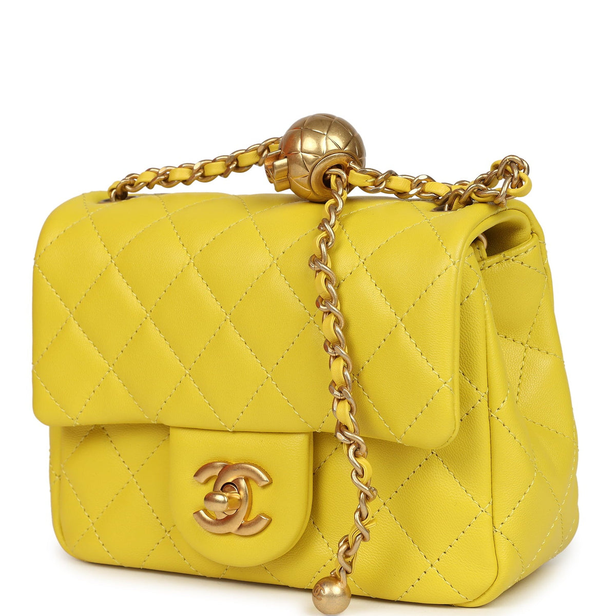 Chanel Mini Pearl Crush Square Flap Bag Yellow Lambskin Brushed Gold Hardware