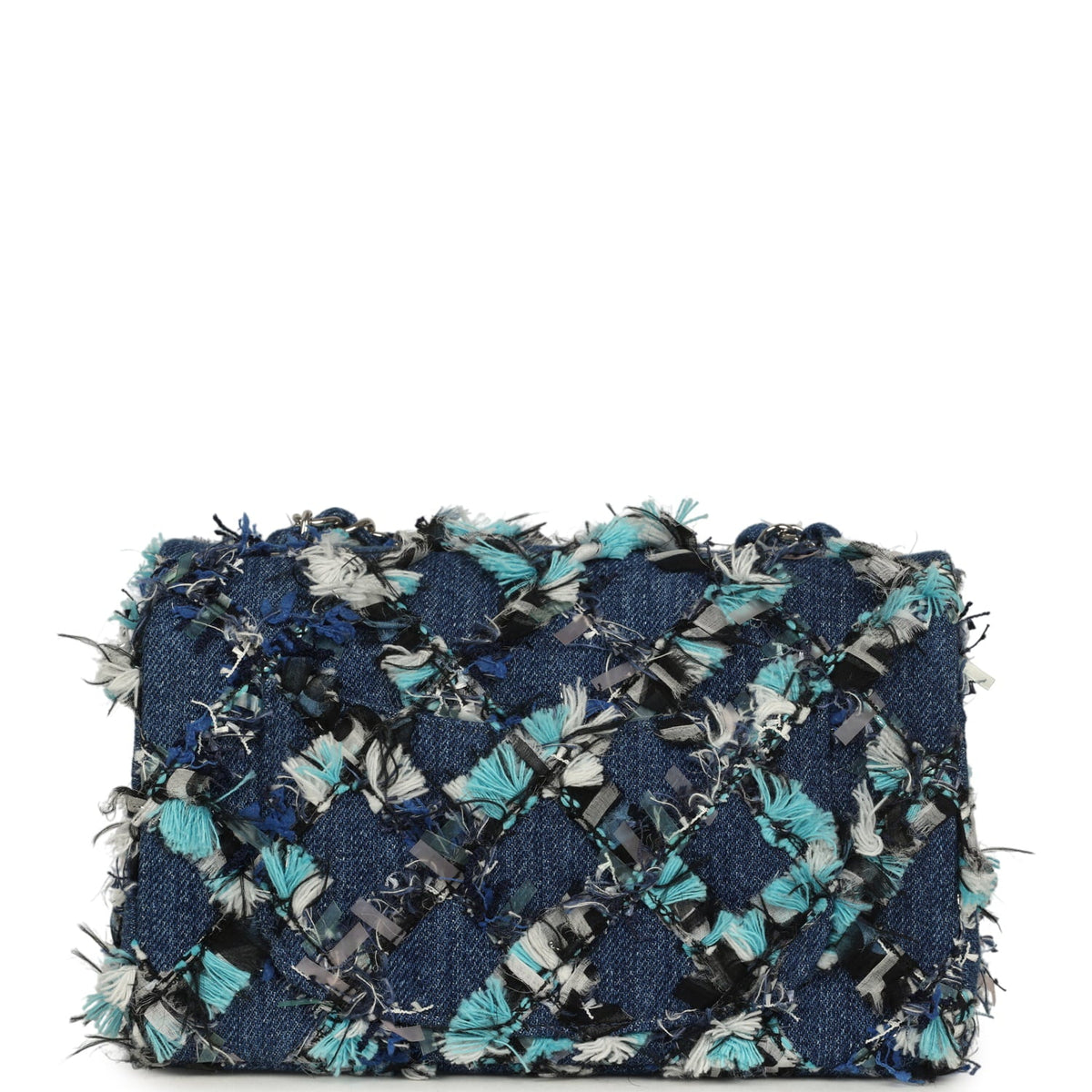 Chanel Mini Classic Rectangular Flap Bag Ribbon Tweed Blue Denim Silver Hardware