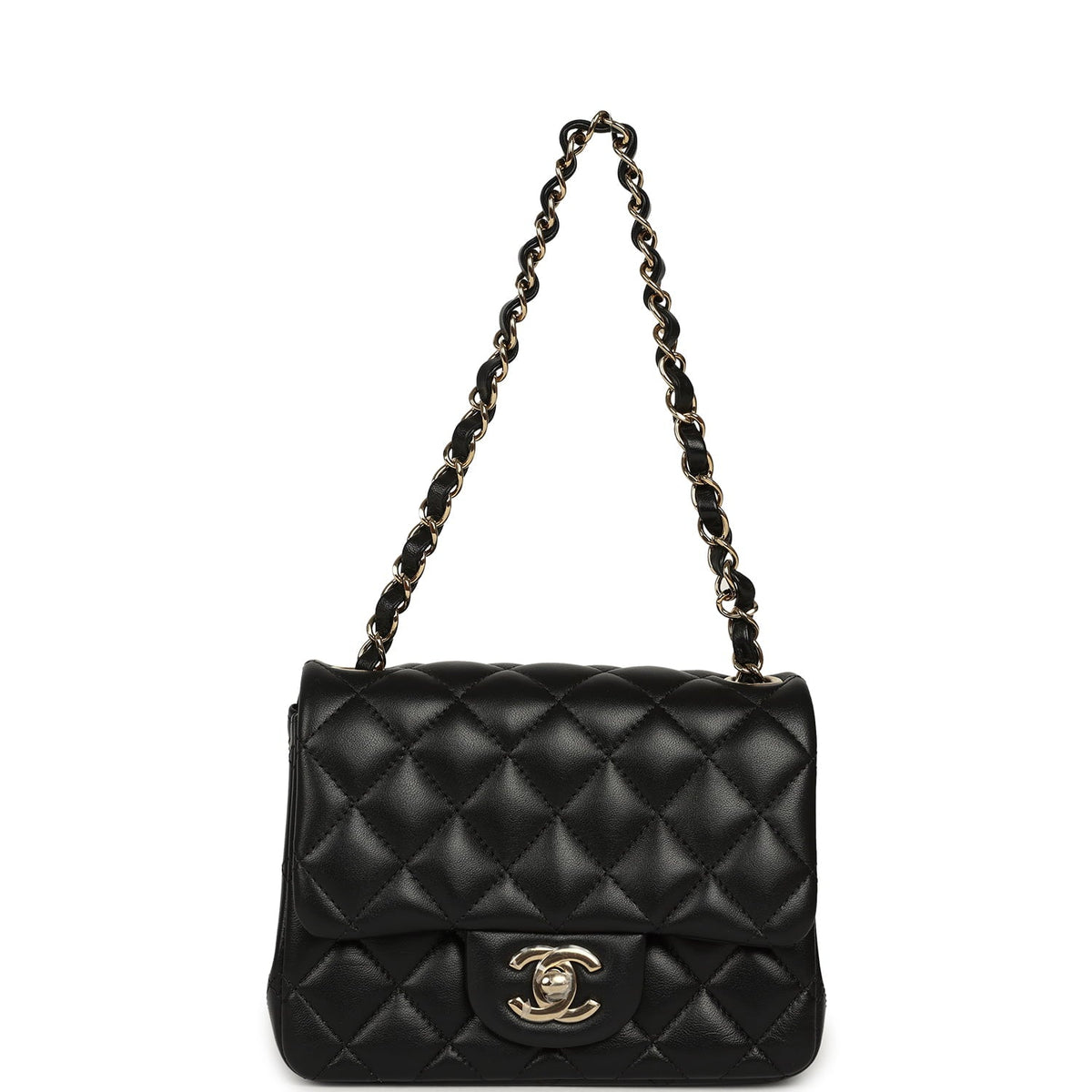 Chanel Mini Classic Square Flap Bag Black Lambskin Light Gold Hardware