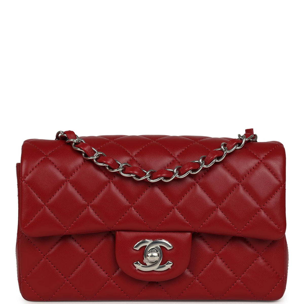 Chanel Mini Classic Rectangular Flap Bag Red Lambskin Silver Hardware