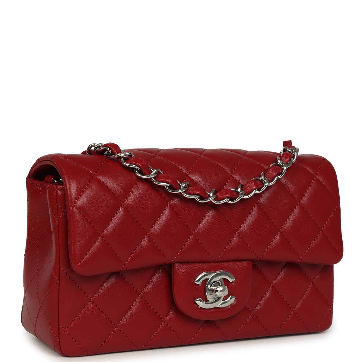 Chanel Mini Classic Rectangular Flap Bag Red Lambskin Silver Hardware