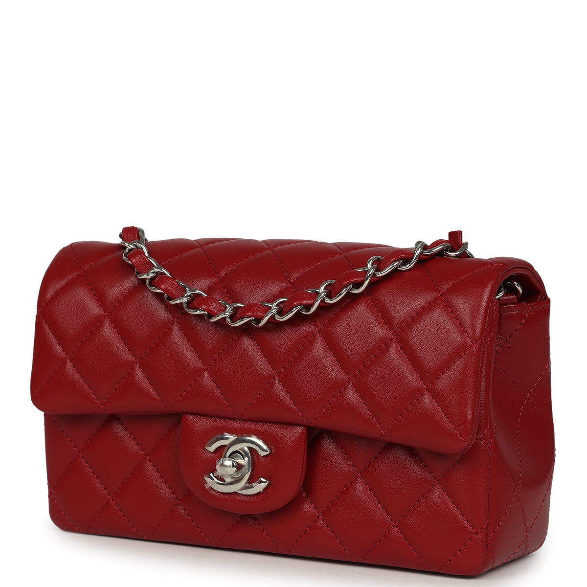 Chanel Mini Classic Rectangular Flap Bag Red Lambskin Silver Hardware