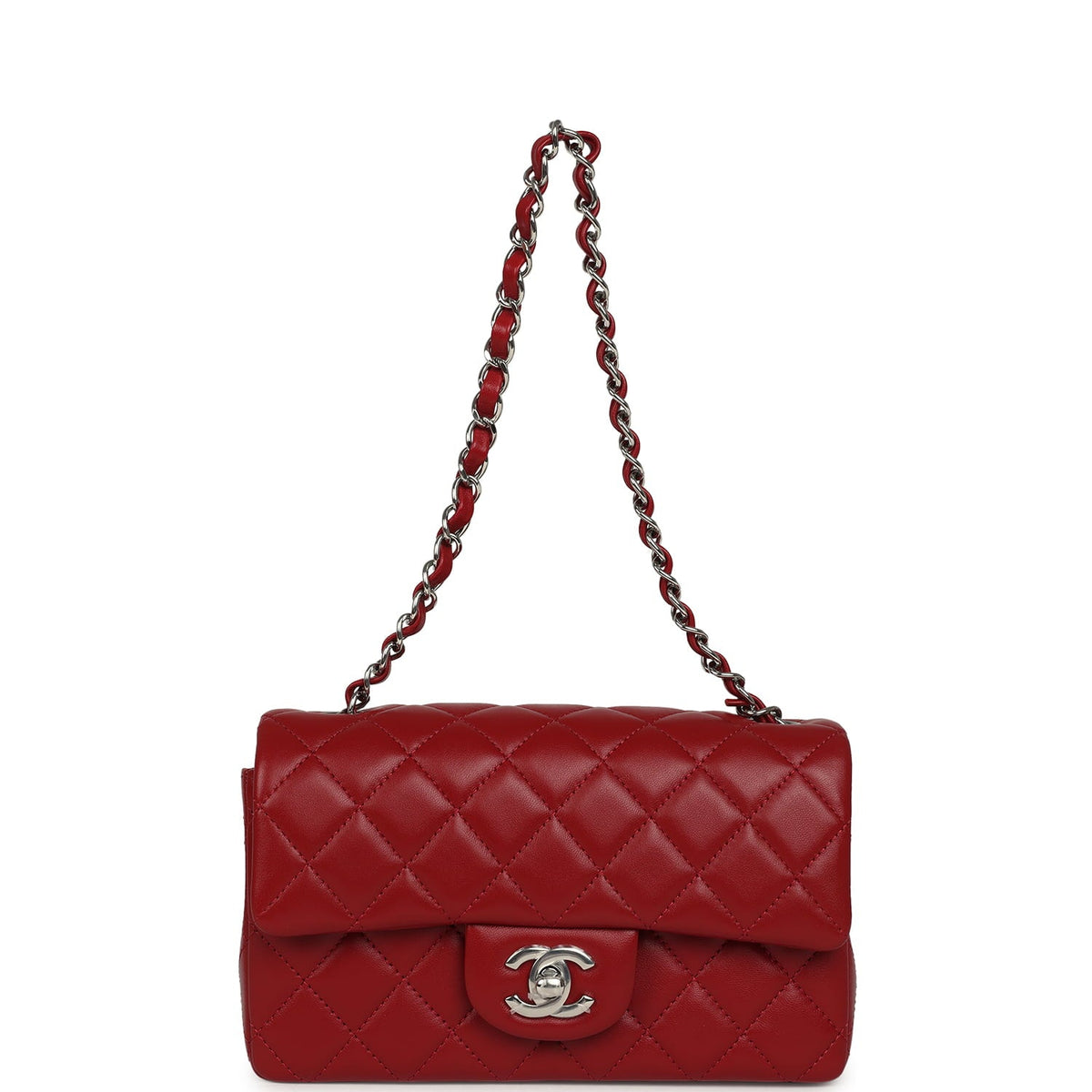 Chanel Mini Classic Rectangular Flap Bag Red Lambskin Silver Hardware