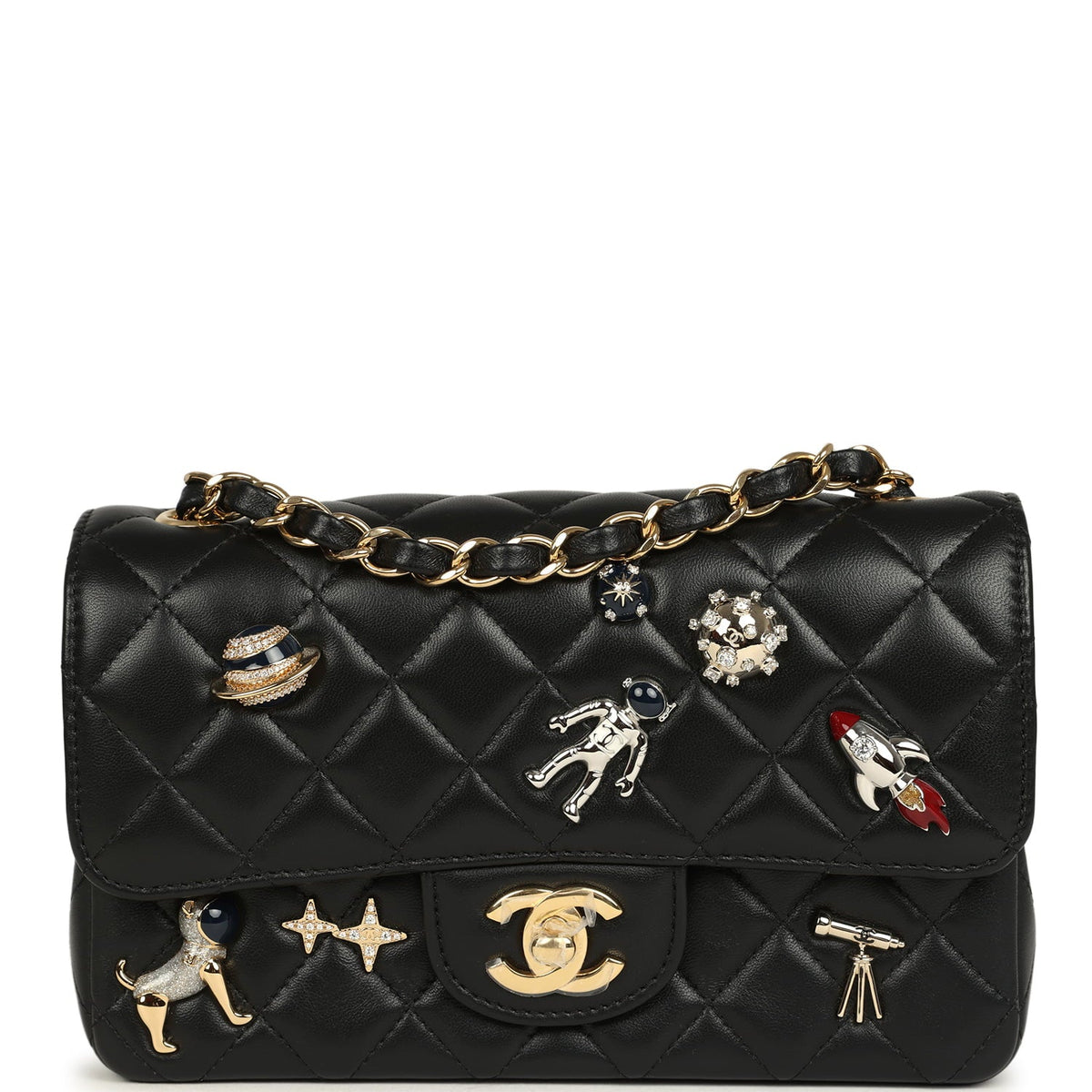 Chanel Mini Classic "Space Charms" Rectangular Flap Bag Black Lambskin Gold Hardware
