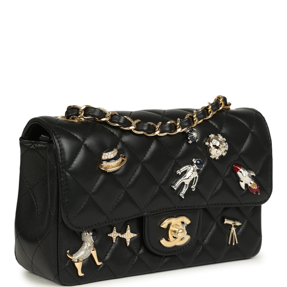 Chanel Mini Classic "Space Charms" Rectangular Flap Bag Black Lambskin Gold Hardware