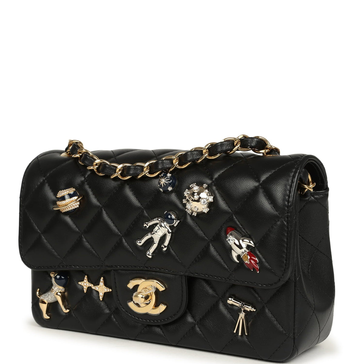 Chanel Mini Classic "Space Charms" Rectangular Flap Bag Black Lambskin Gold Hardware