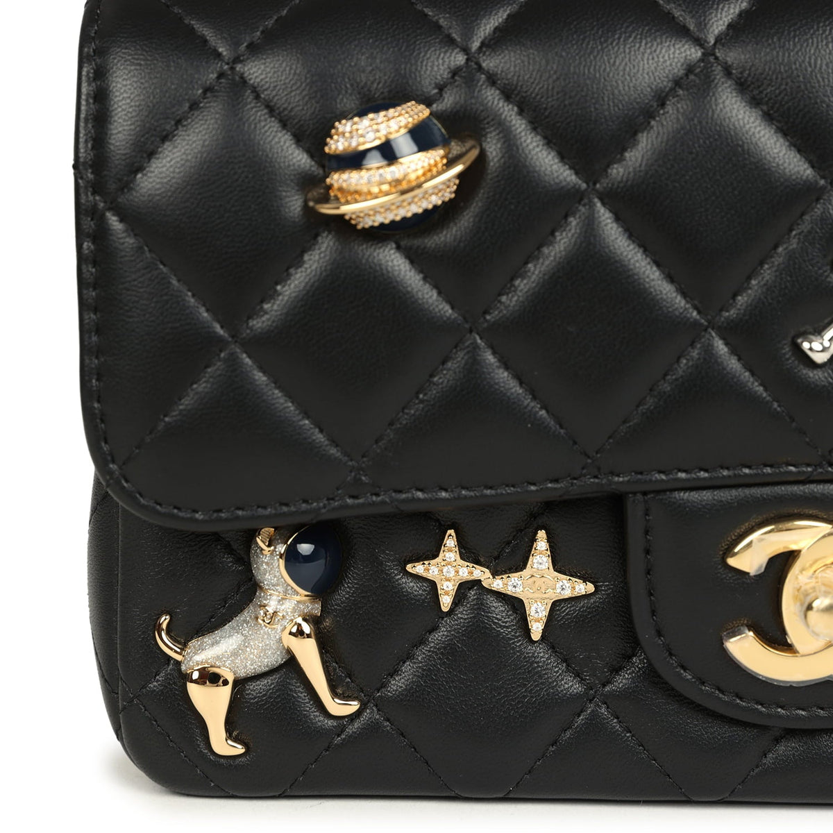 Chanel Mini Classic "Space Charms" Rectangular Flap Bag Black Lambskin Gold Hardware