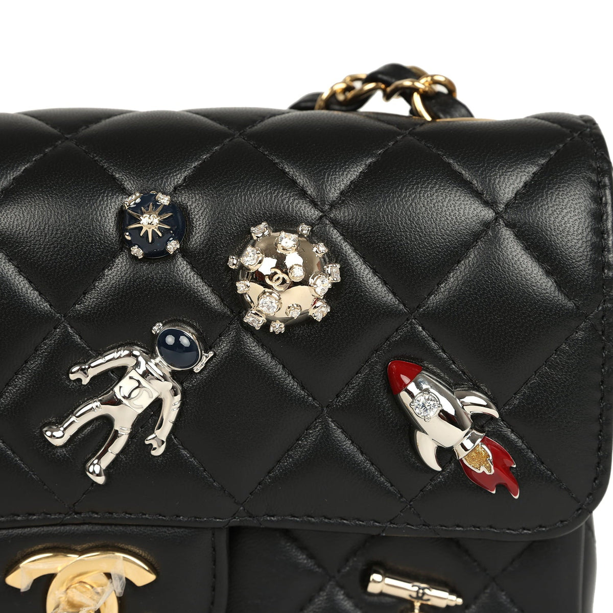 Chanel Mini Classic "Space Charms" Rectangular Flap Bag Black Lambskin Gold Hardware
