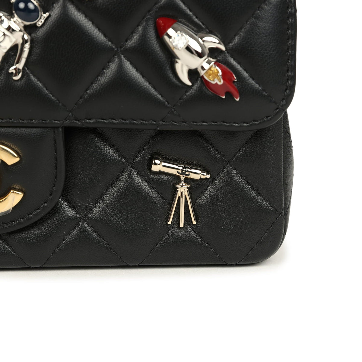 Chanel Mini Classic "Space Charms" Rectangular Flap Bag Black Lambskin Gold Hardware