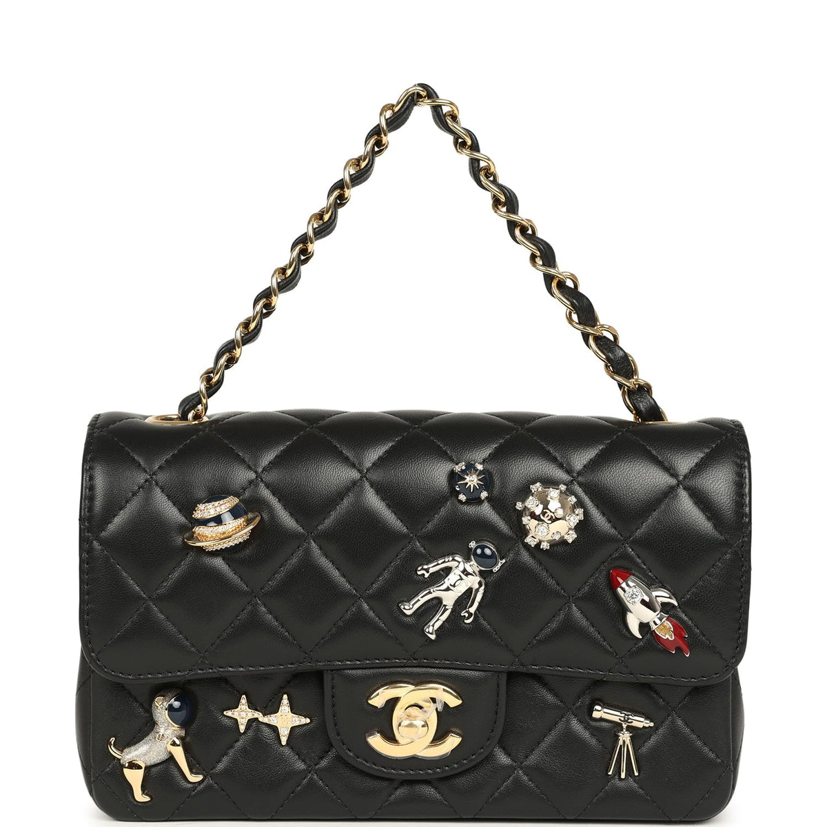 Chanel Mini Classic "Space Charms" Rectangular Flap Bag Black Lambskin Gold Hardware