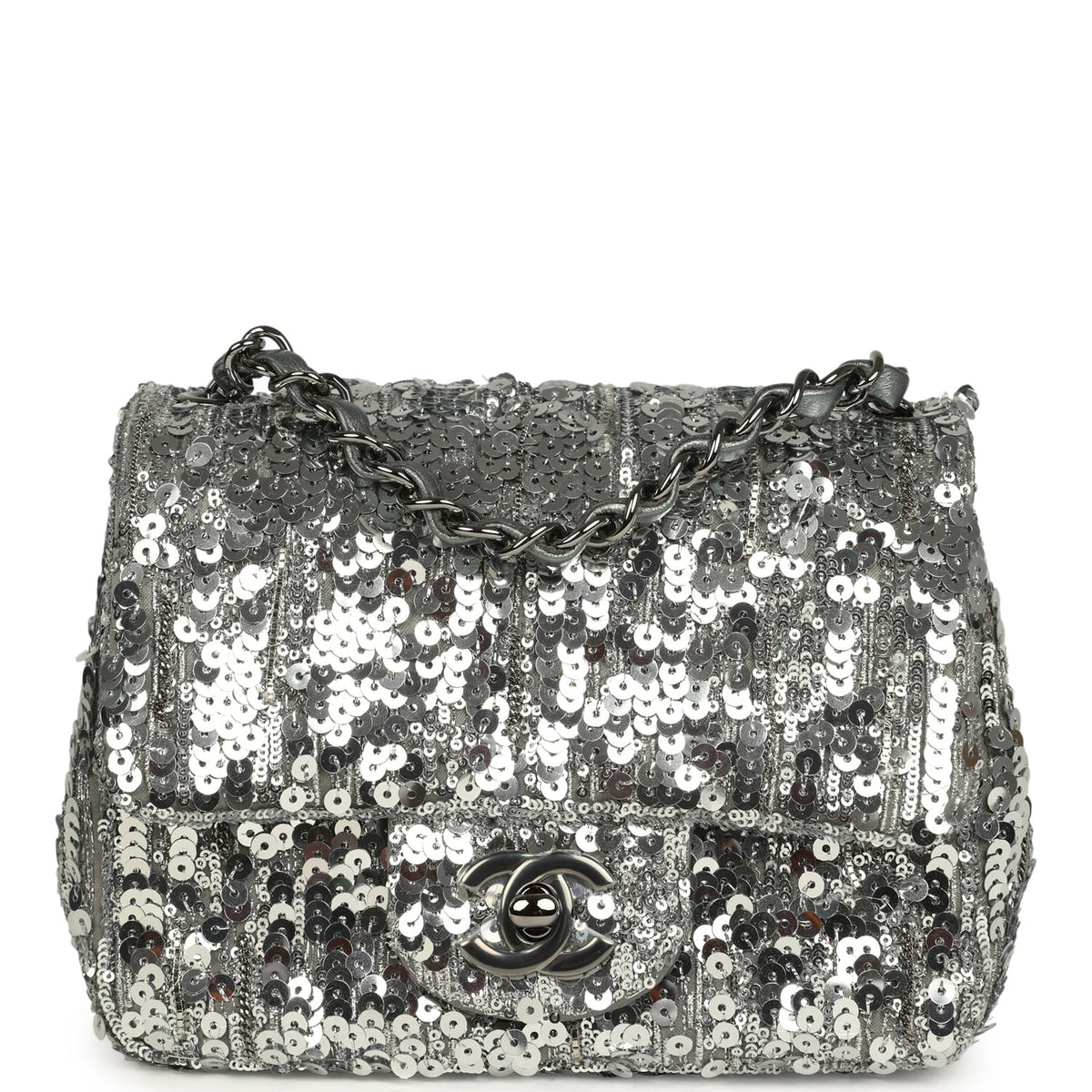 Chanel Mini Classic Square Flap Bag Metallic Silver Sequins Ruthenium Hardware