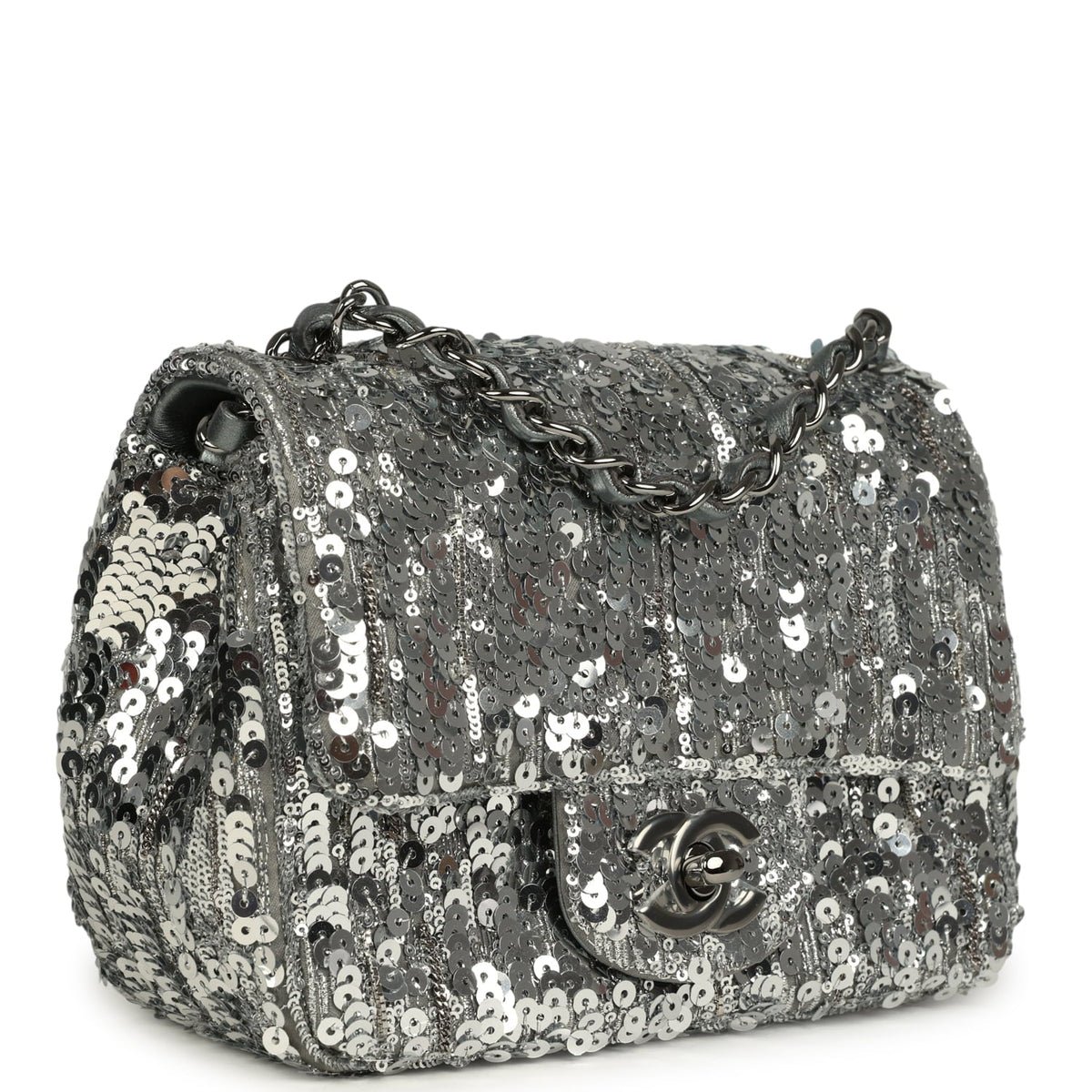 Chanel Mini Classic Square Flap Bag Metallic Silver Sequins Ruthenium Hardware