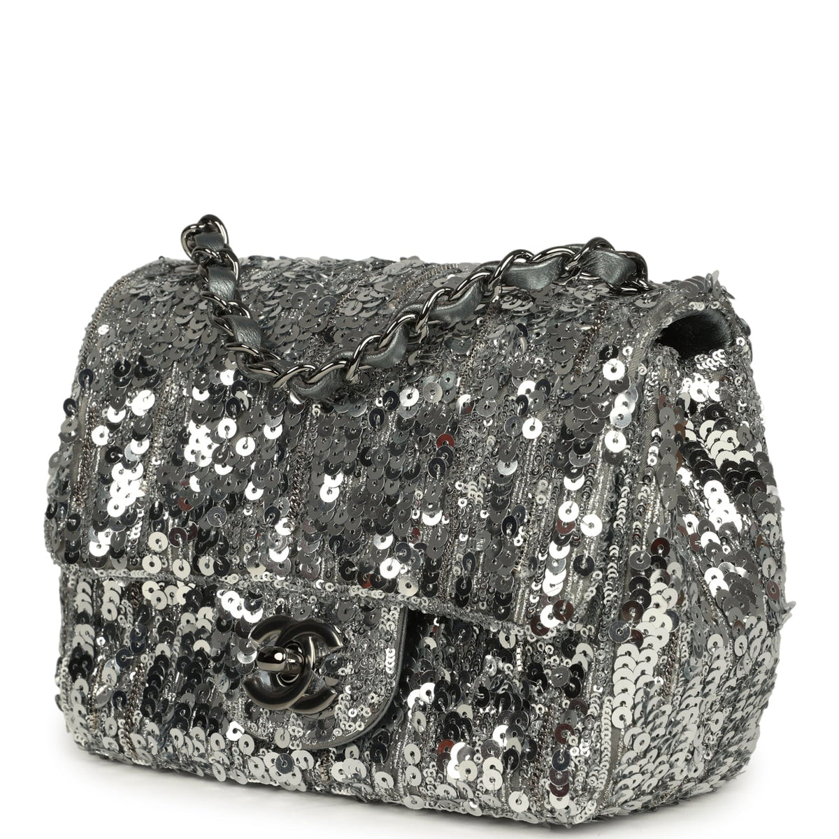 Chanel Mini Classic Square Flap Bag Metallic Silver Sequins Ruthenium Hardware