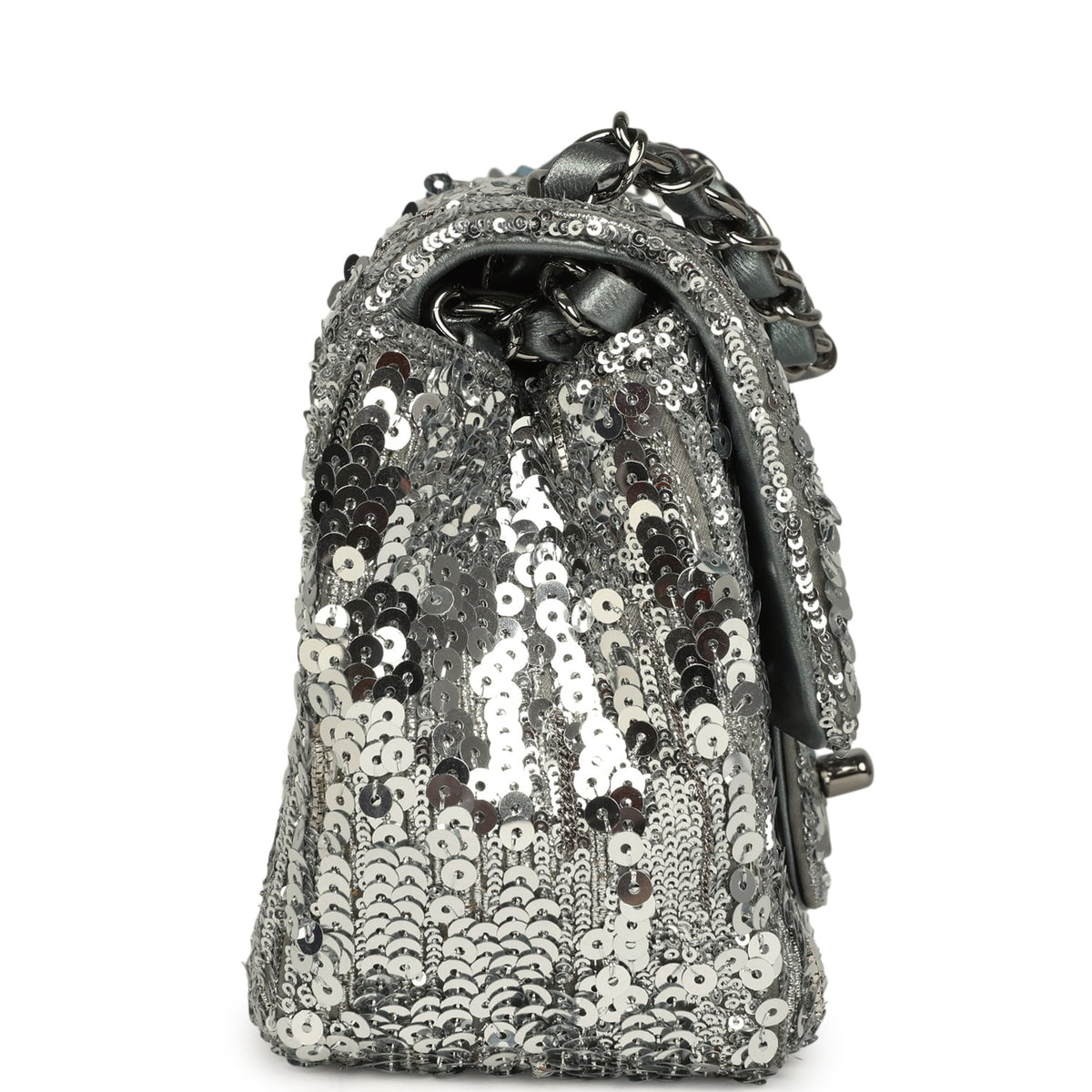 Chanel Mini Classic Square Flap Bag Metallic Silver Sequins Ruthenium Hardware