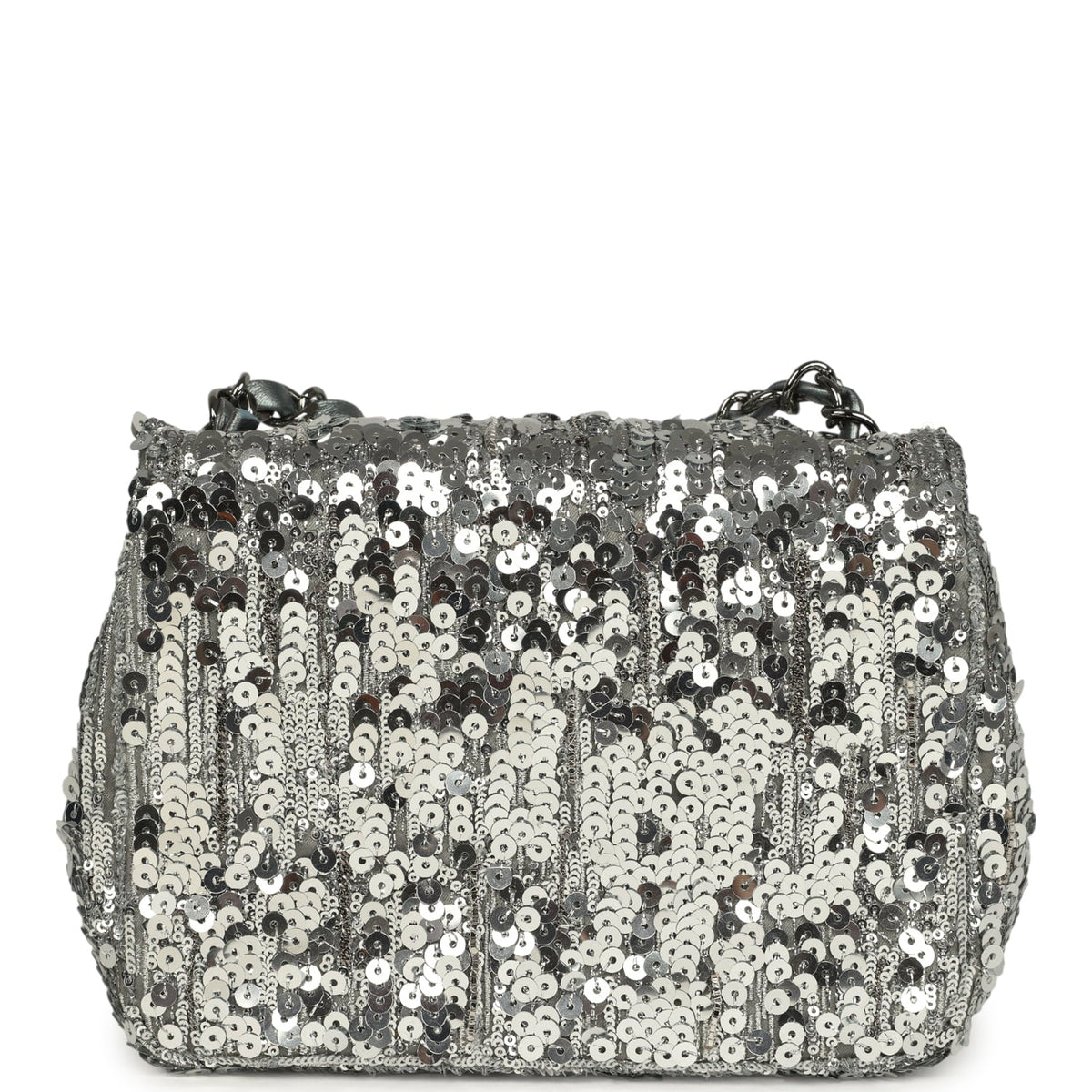 Chanel Mini Classic Square Flap Bag Metallic Silver Sequins Ruthenium Hardware