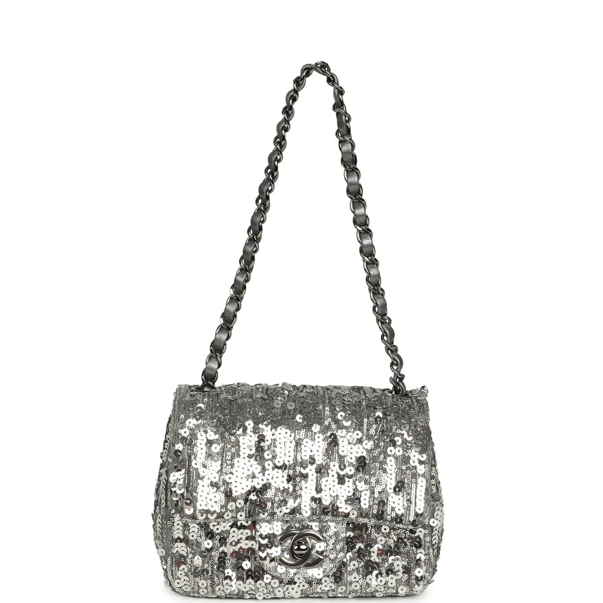 Chanel Mini Classic Square Flap Bag Metallic Silver Sequins Ruthenium Hardware