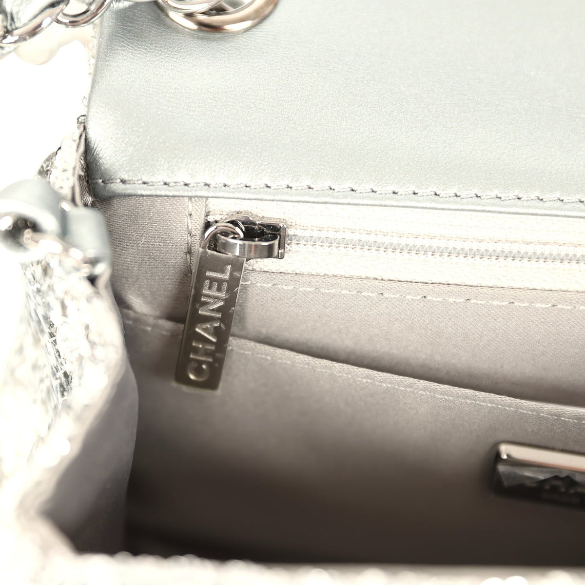 Chanel Mini Classic Square Flap Bag Metallic Silver Sequins Ruthenium Hardware