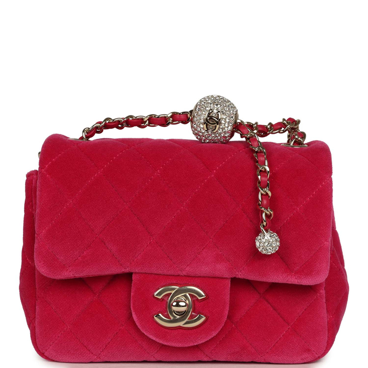 Chanel Mini Pearl Crush Square Flap Bag Fuchsia Velvet Light Gold Hardware