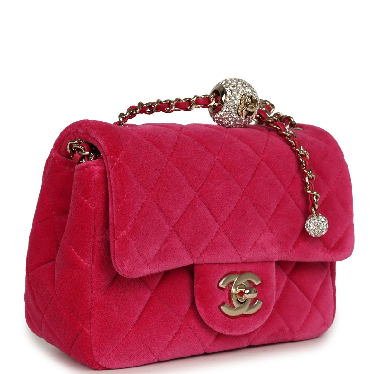 Chanel Mini Pearl Crush Square Flap Bag Fuchsia Velvet Light Gold Hardware