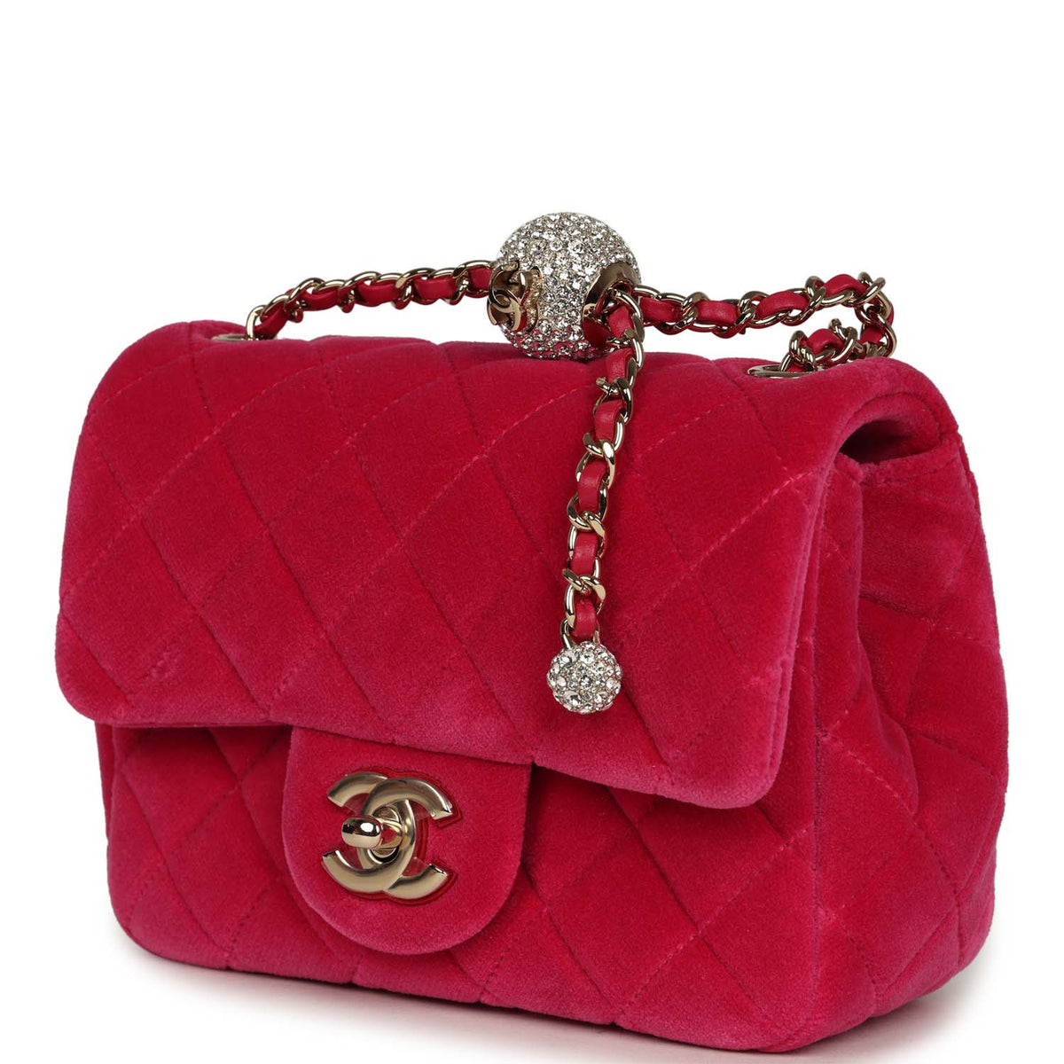 Chanel Mini Pearl Crush Square Flap Bag Fuchsia Velvet Light Gold Hardware