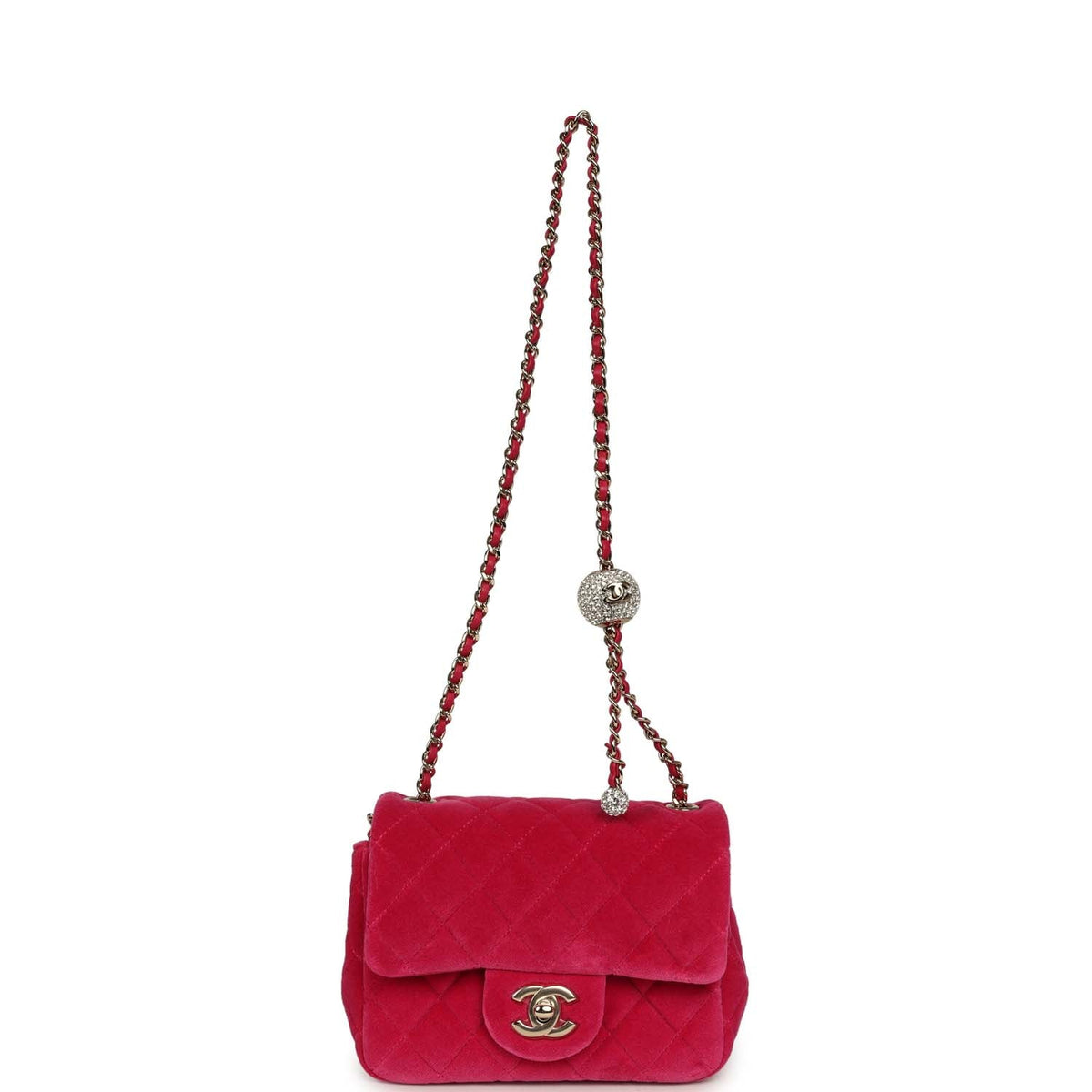 Chanel Mini Pearl Crush Square Flap Bag Fuchsia Velvet Light Gold Hardware