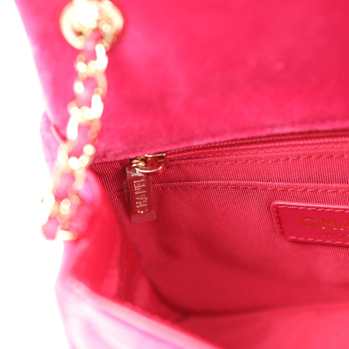 Chanel Mini Pearl Crush Square Flap Bag Fuchsia Velvet Light Gold Hardware