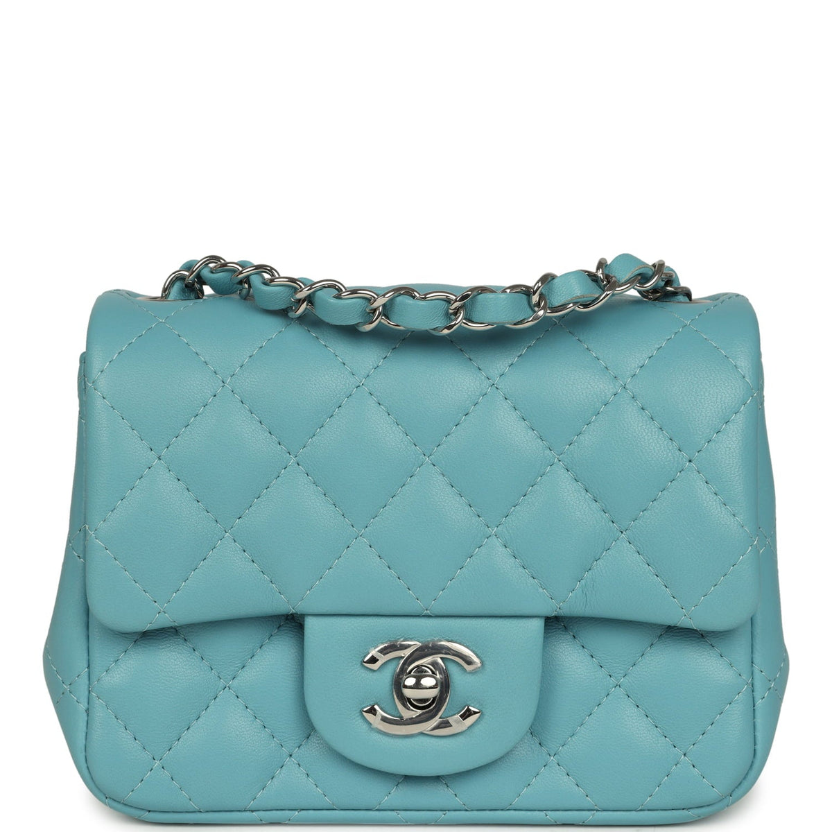 Chanel Mini Classic Square Flap Bag Light Blue Lambskin Silver Hardware