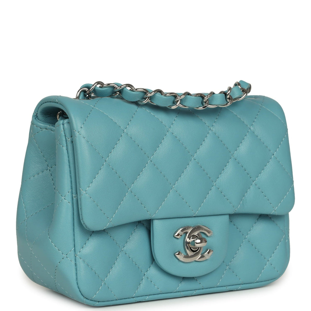 Chanel Mini Classic Square Flap Bag Light Blue Lambskin Silver Hardware