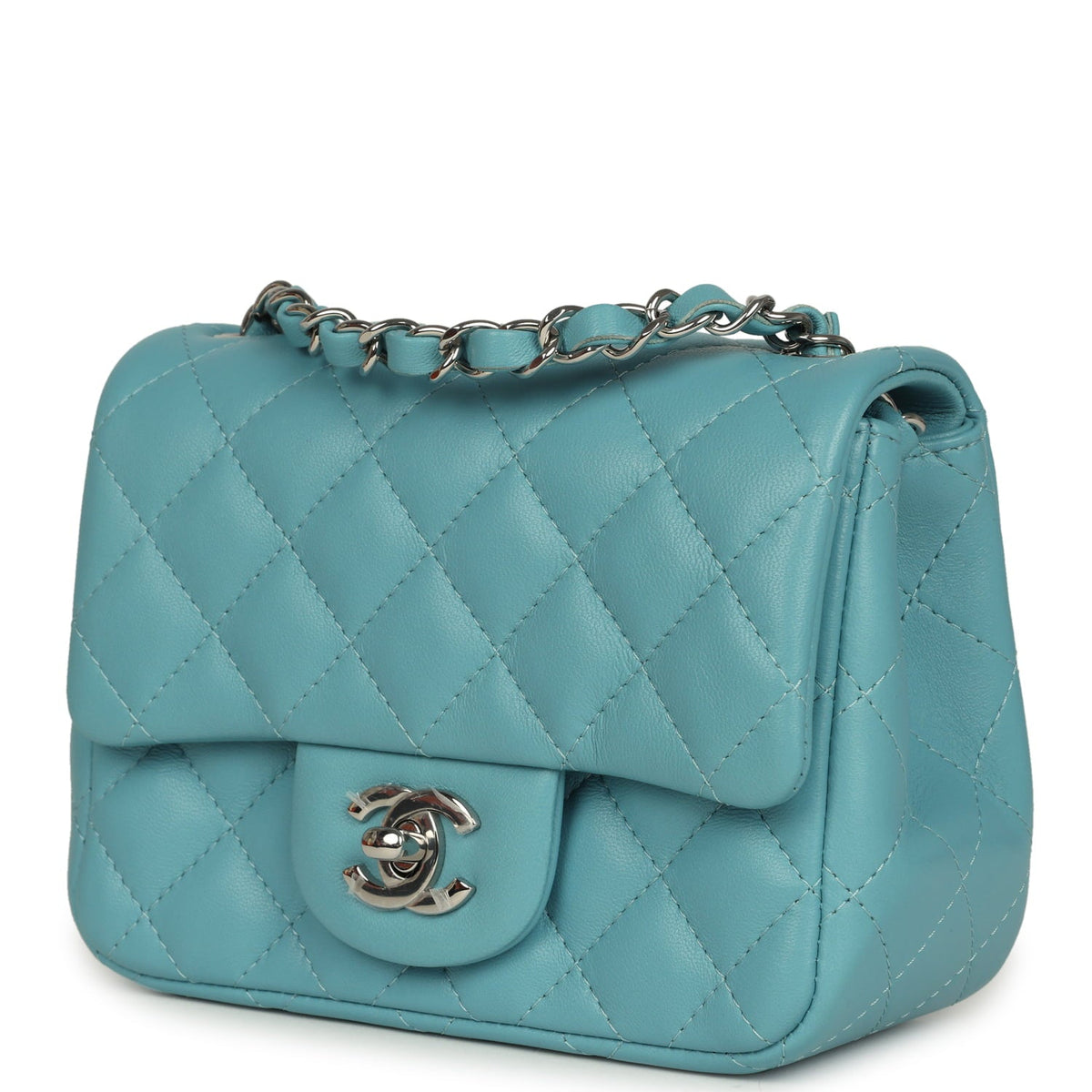 Chanel Mini Classic Square Flap Bag Light Blue Lambskin Silver Hardware