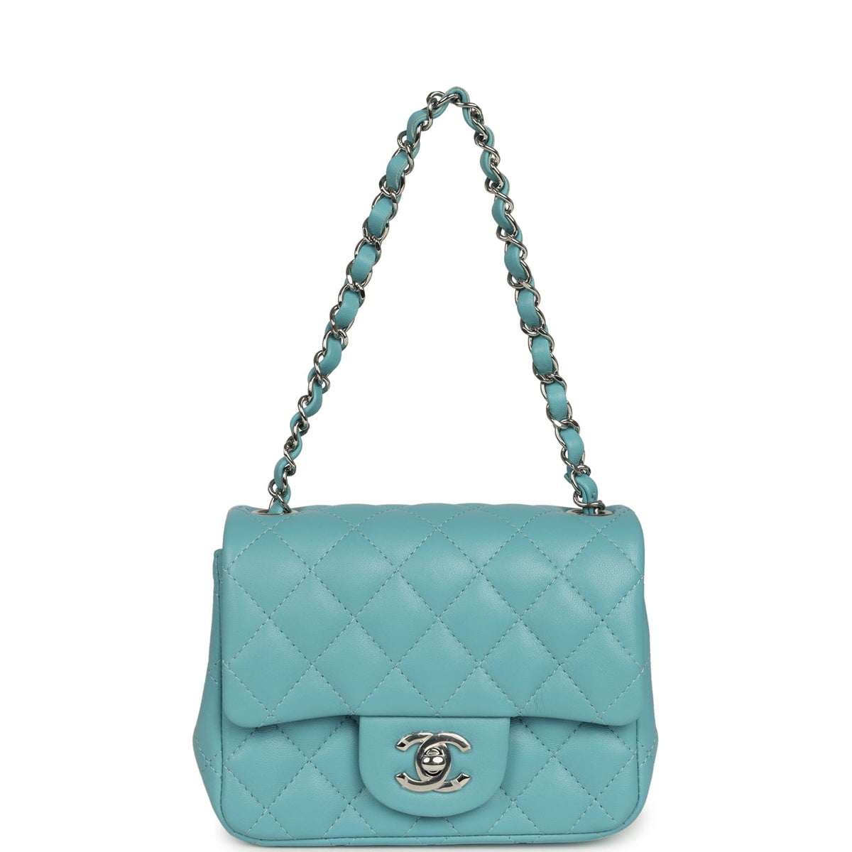 Chanel Mini Classic Square Flap Bag Light Blue Lambskin Silver Hardware