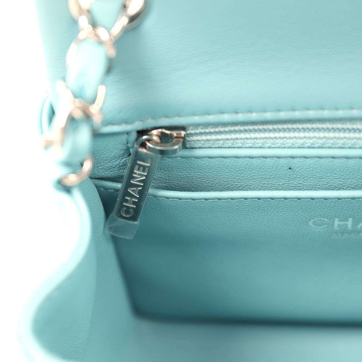 Chanel Mini Classic Square Flap Bag Light Blue Lambskin Silver Hardware