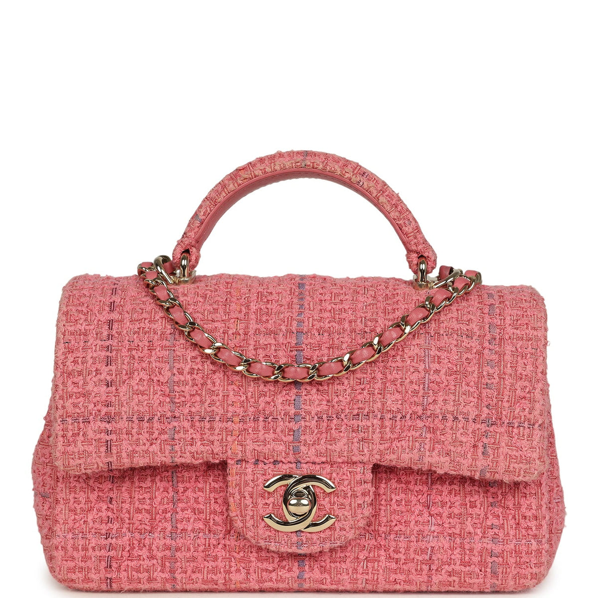 Pre-owned Chanel Mini Classic Rectangular Top Handle Flap Bag Pink Tweed Light Gold Hardware