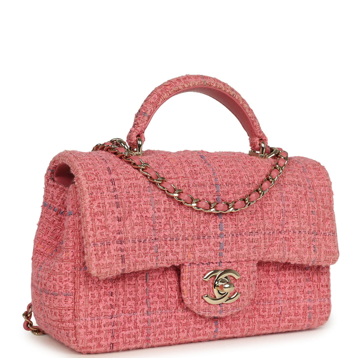 Pre-owned Chanel Mini Classic Rectangular Top Handle Flap Bag Pink Tweed Light Gold Hardware