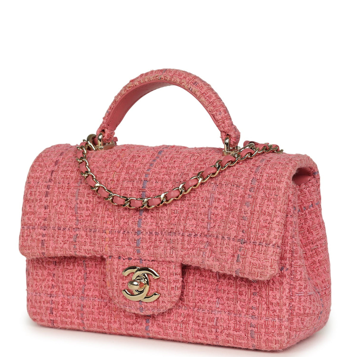 Pre-owned Chanel Mini Classic Rectangular Top Handle Flap Bag Pink Tweed Light Gold Hardware