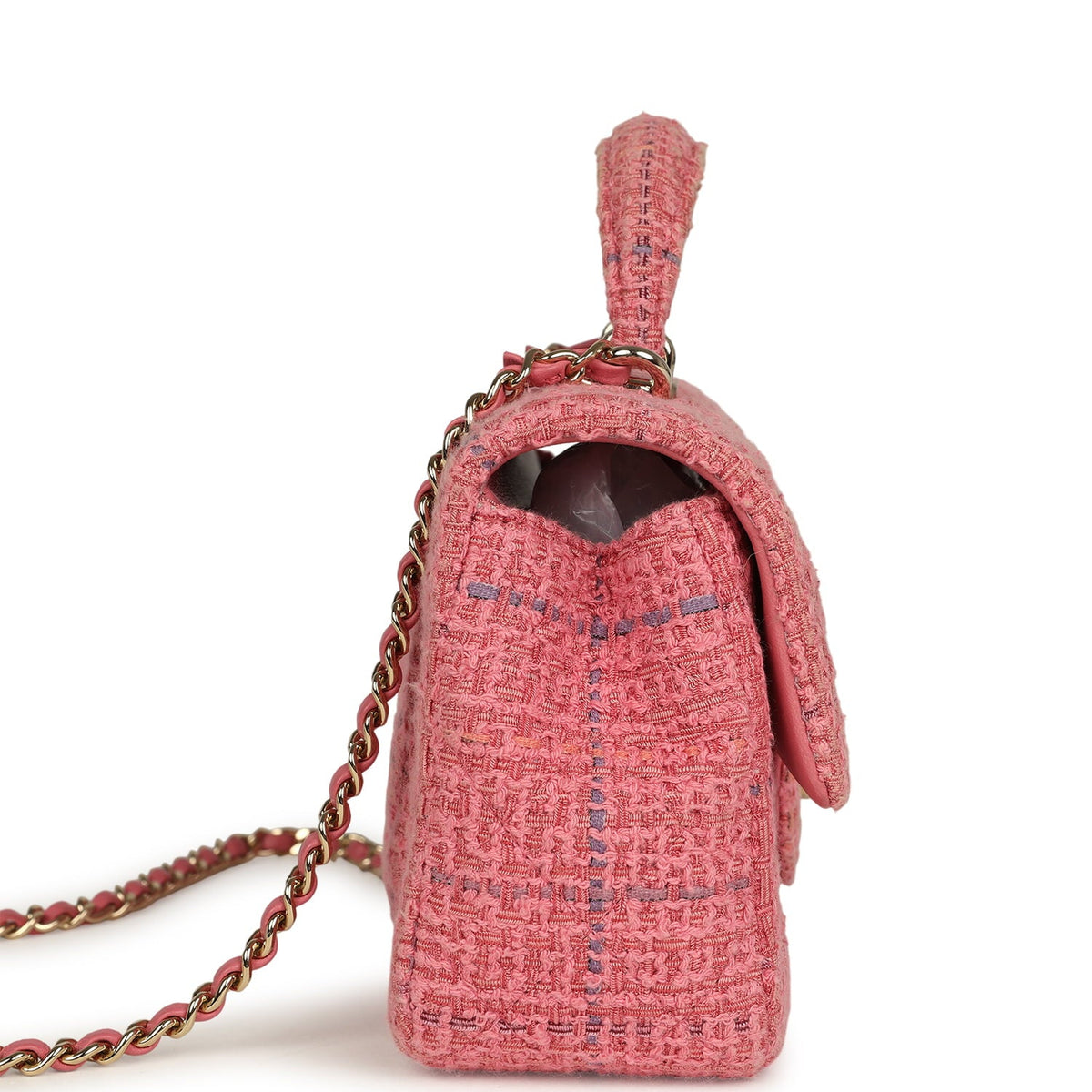 Pre-owned Chanel Mini Classic Rectangular Top Handle Flap Bag Pink Tweed Light Gold Hardware