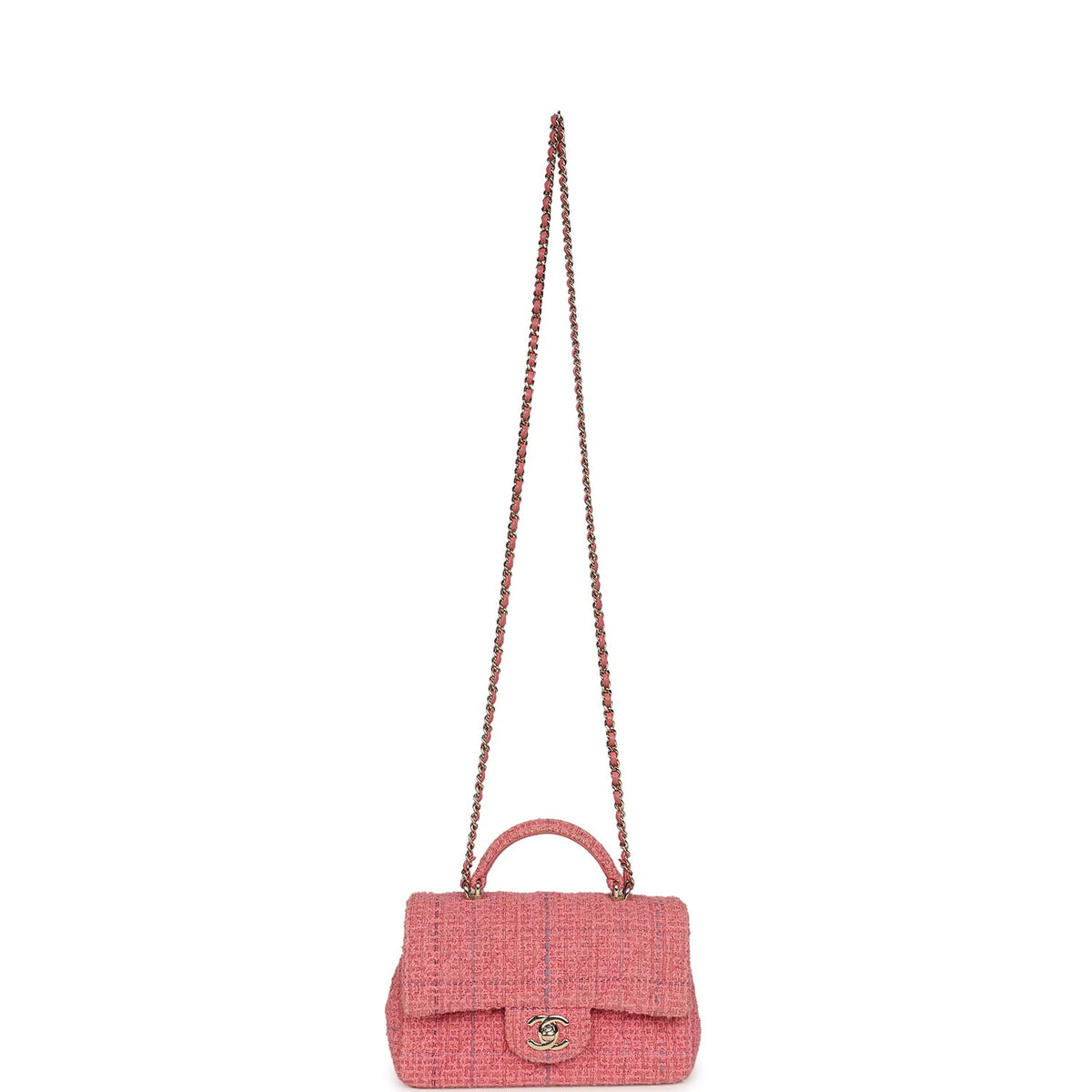 Pre-owned Chanel Mini Classic Rectangular Top Handle Flap Bag Pink Tweed Light Gold Hardware
