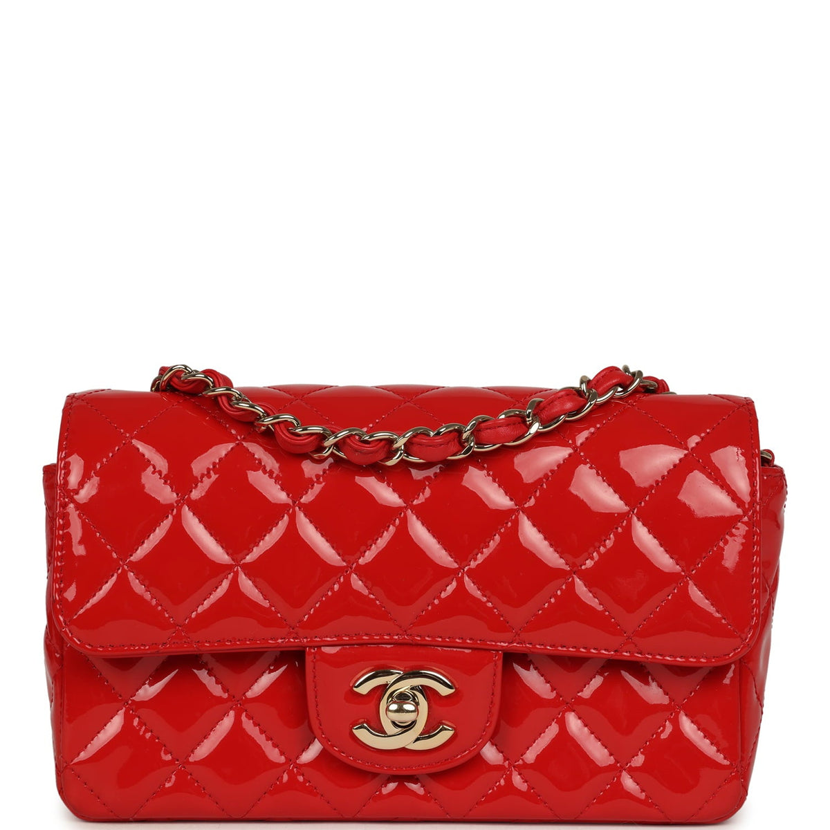 Pre-owned Chanel Mini Classic Rectangular Flap Bag Red Patent Light Gold Hardware