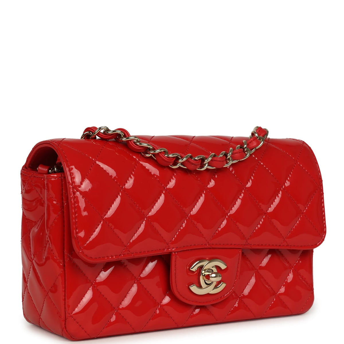 Pre-owned Chanel Mini Classic Rectangular Flap Bag Red Patent Light Gold Hardware