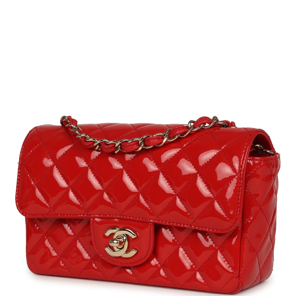 Pre-owned Chanel Mini Classic Rectangular Flap Bag Red Patent Light Gold Hardware