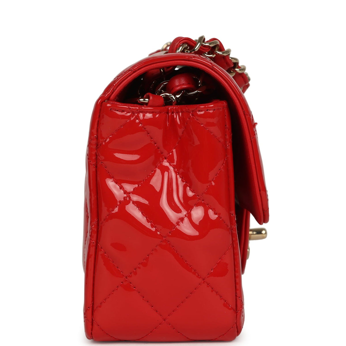 Pre-owned Chanel Mini Classic Rectangular Flap Bag Red Patent Light Gold Hardware