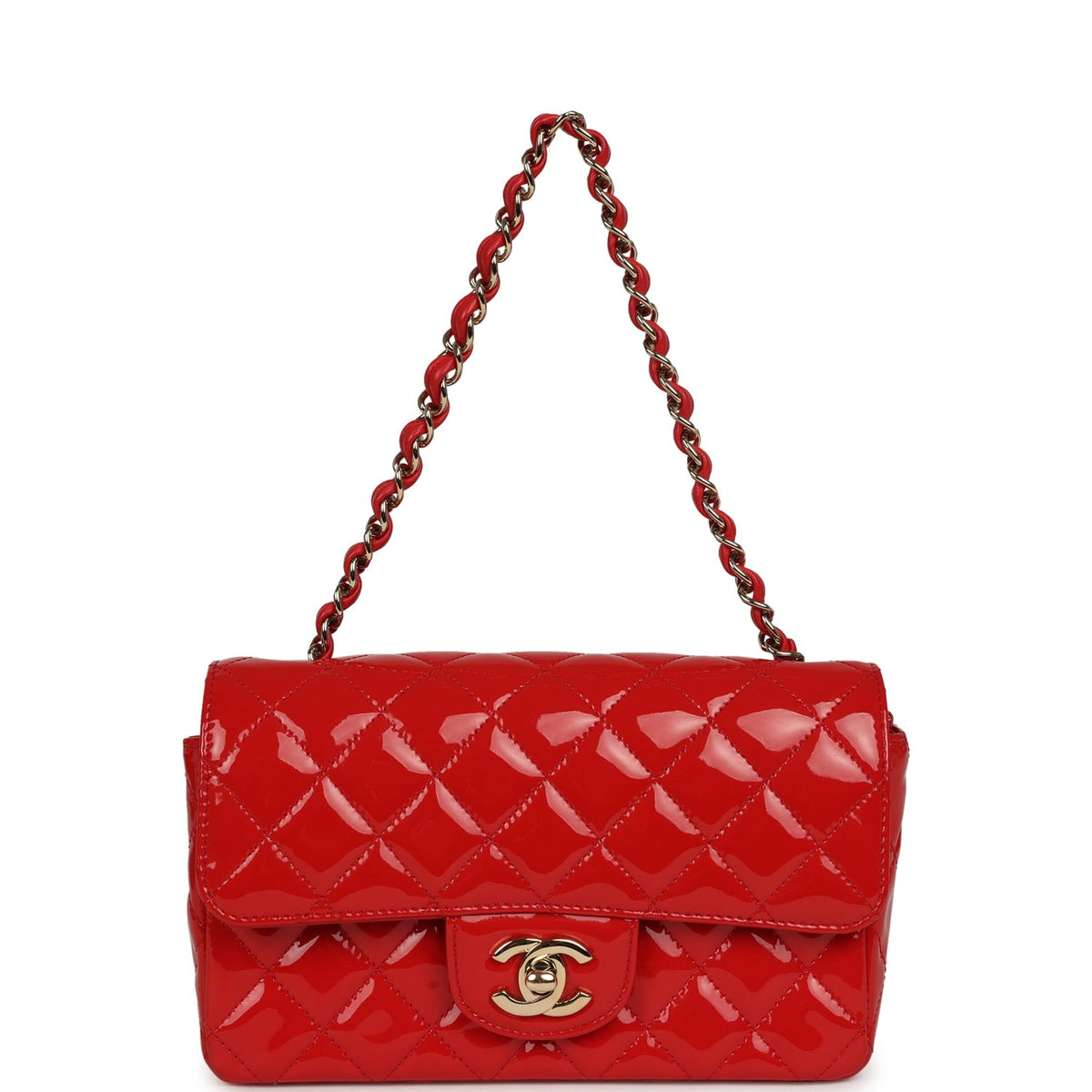 Pre-owned Chanel Mini Classic Rectangular Flap Bag Red Patent Light Gold Hardware