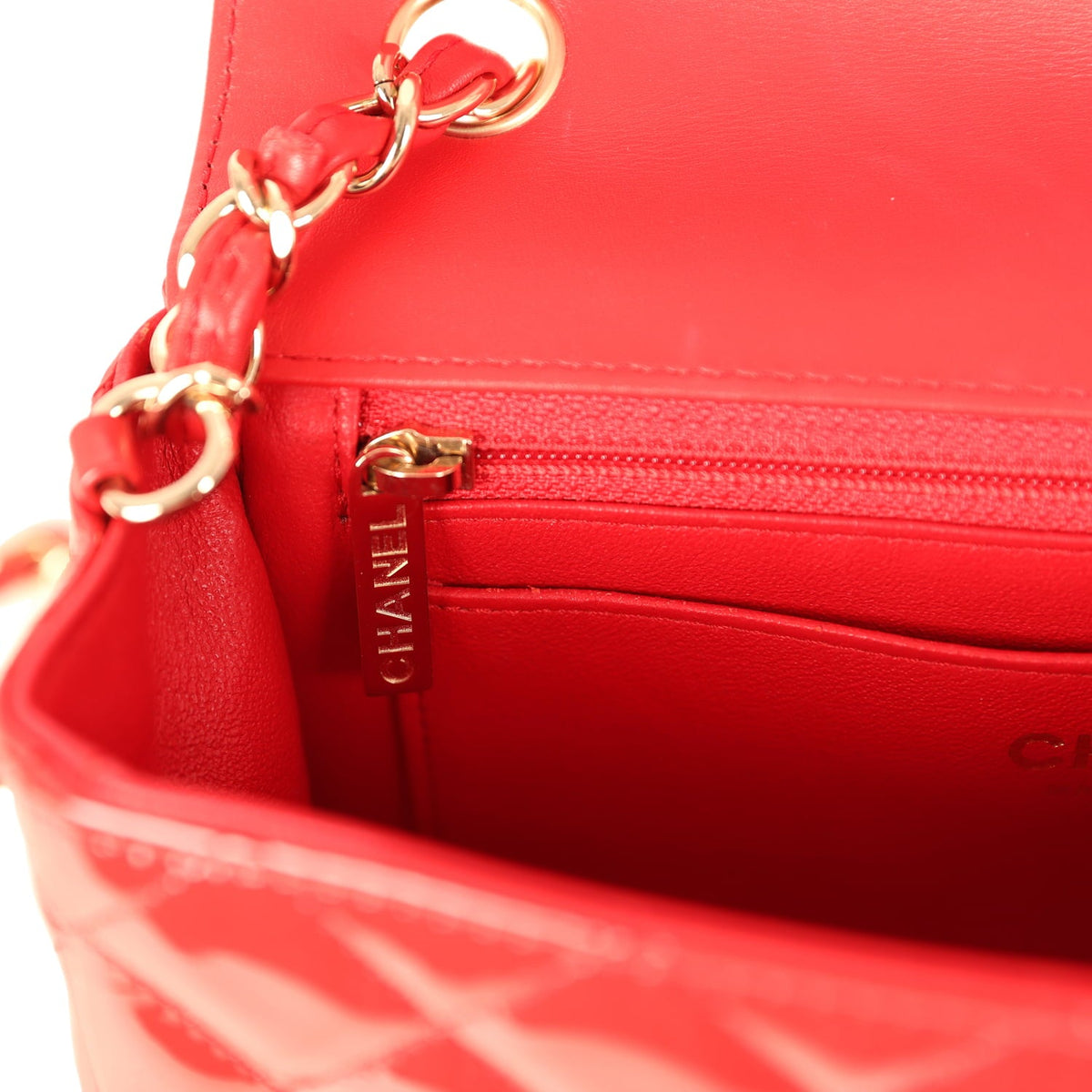 Pre-owned Chanel Mini Classic Rectangular Flap Bag Red Patent Light Gold Hardware