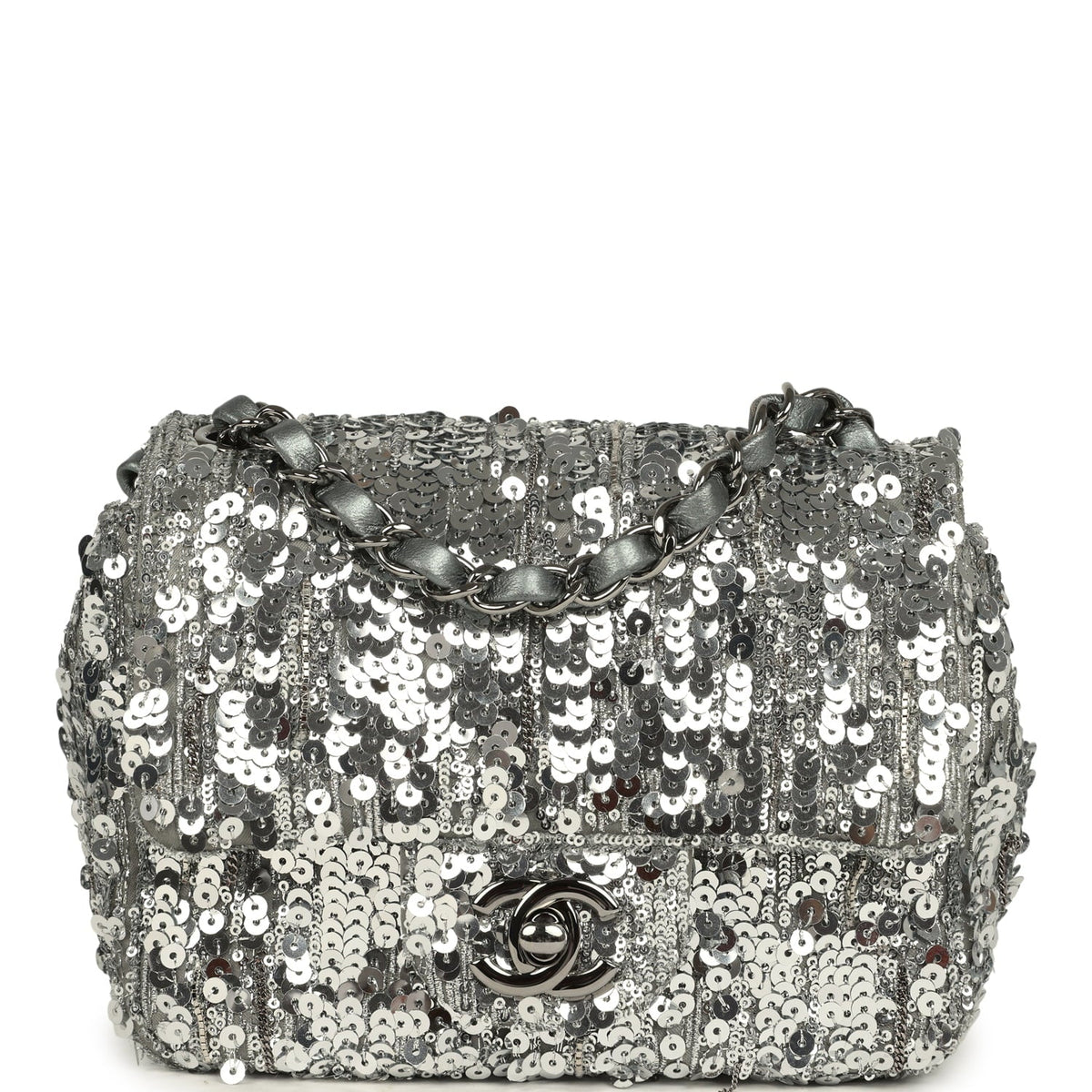 Pre-owned Chanel Mini Classic Square Flap Bag Metallic Silver Sequins Ruthenium Hardware