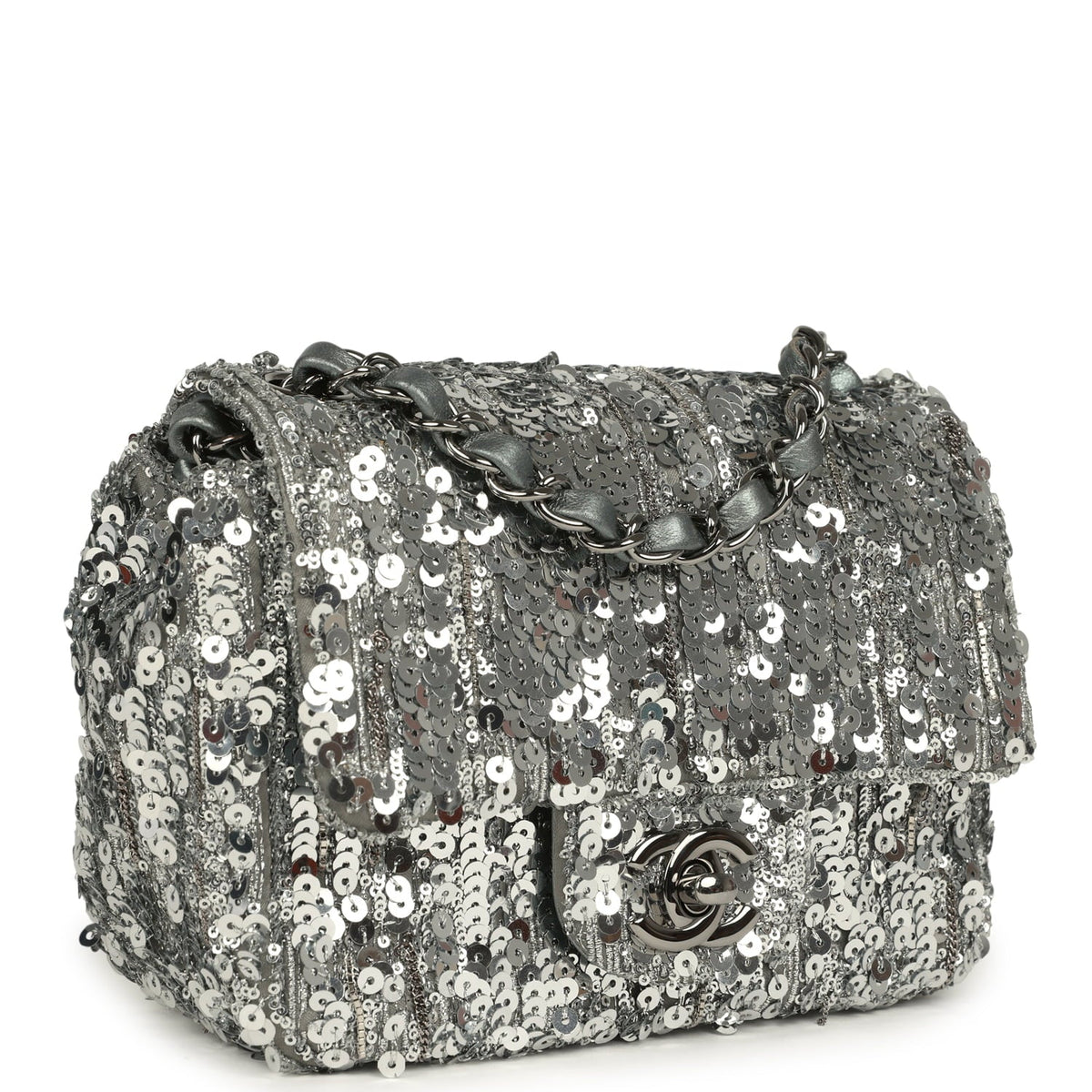 Pre-owned Chanel Mini Classic Square Flap Bag Metallic Silver Sequins Ruthenium Hardware