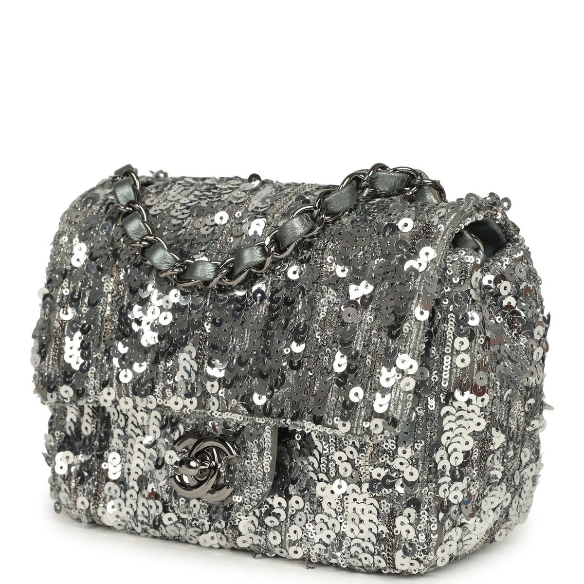 Pre-owned Chanel Mini Classic Square Flap Bag Metallic Silver Sequins Ruthenium Hardware