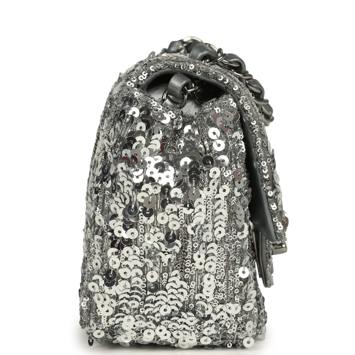 Pre-owned Chanel Mini Classic Square Flap Bag Metallic Silver Sequins Ruthenium Hardware