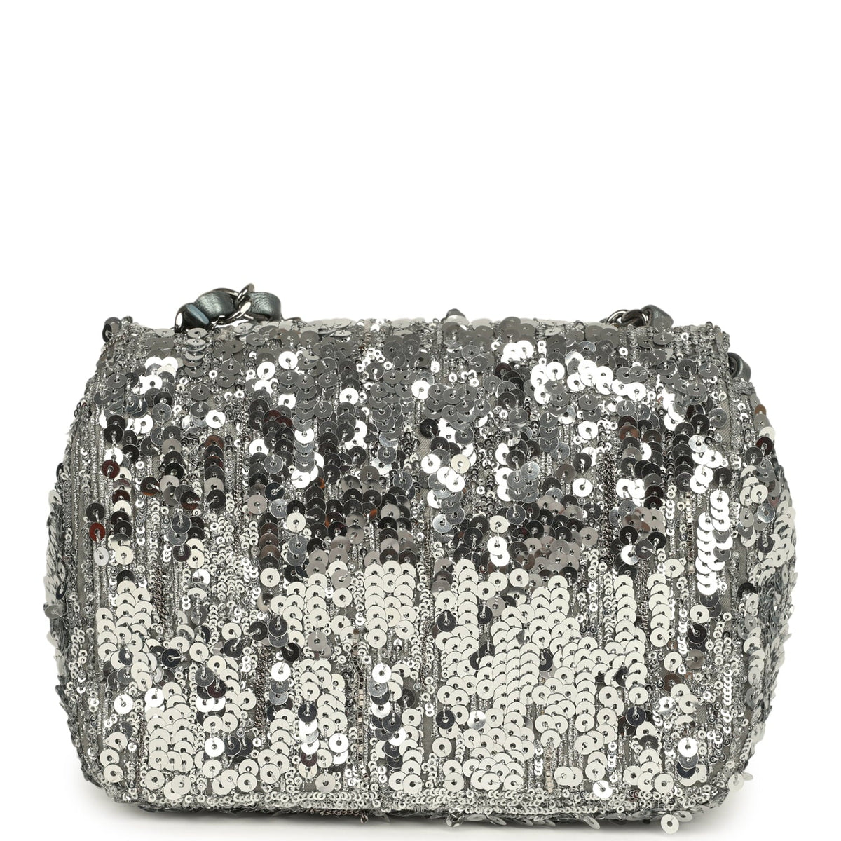 Pre-owned Chanel Mini Classic Square Flap Bag Metallic Silver Sequins Ruthenium Hardware