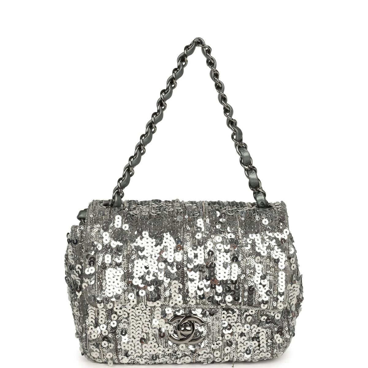 Pre-owned Chanel Mini Classic Square Flap Bag Metallic Silver Sequins Ruthenium Hardware
