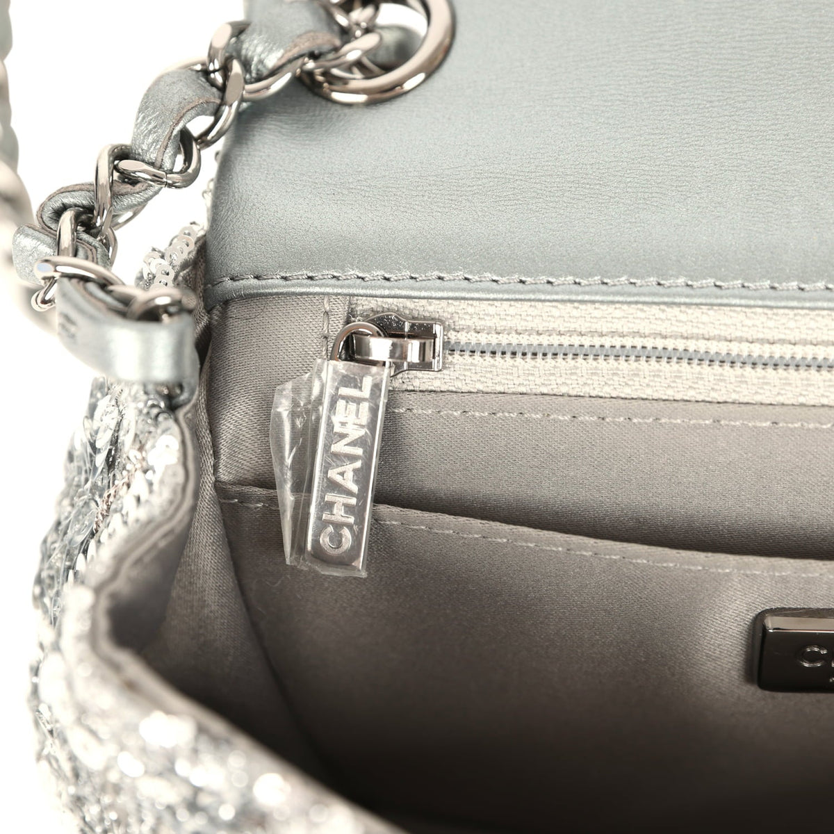 Pre-owned Chanel Mini Classic Square Flap Bag Metallic Silver Sequins Ruthenium Hardware